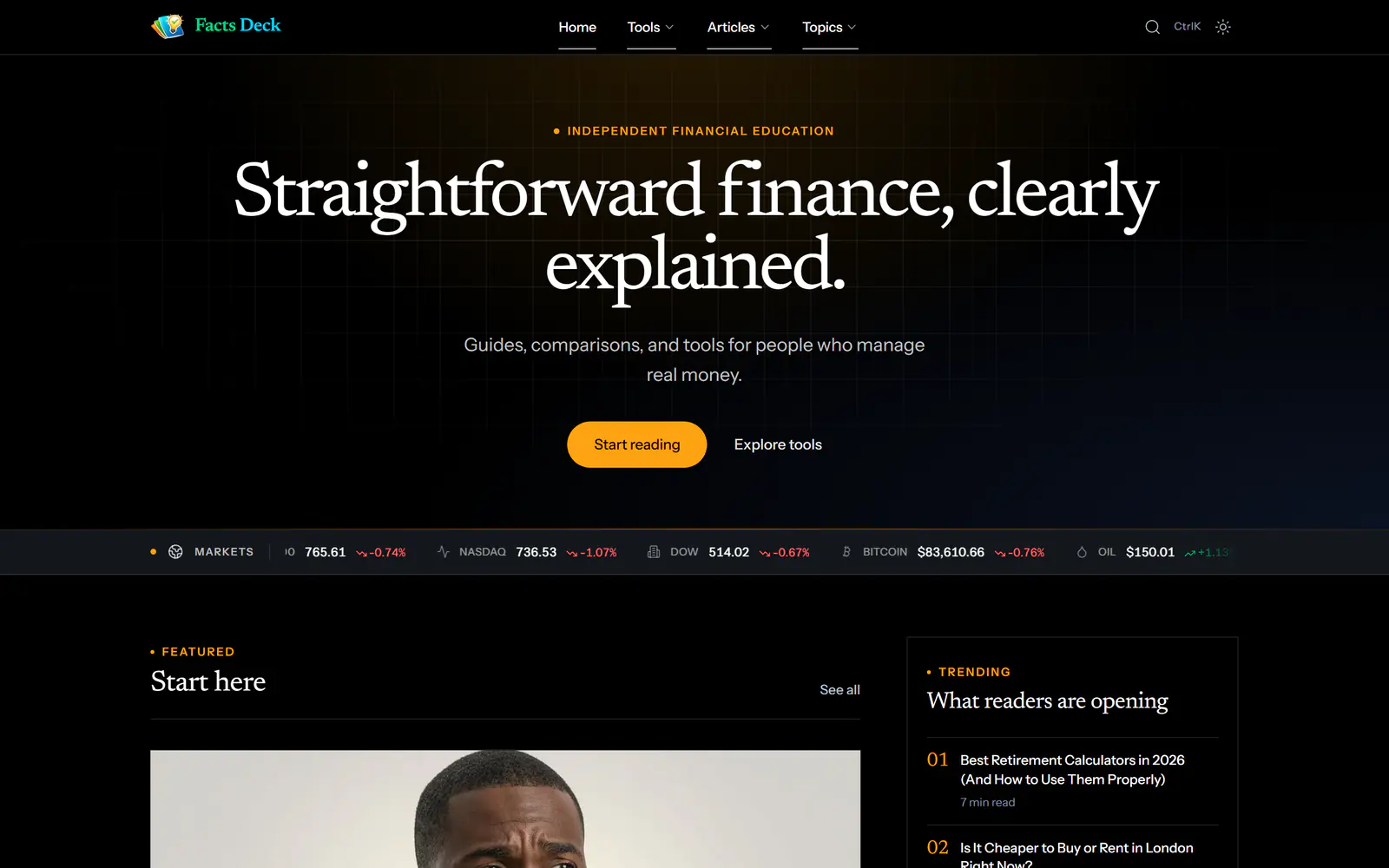 Facts Deck homepage — dark theme