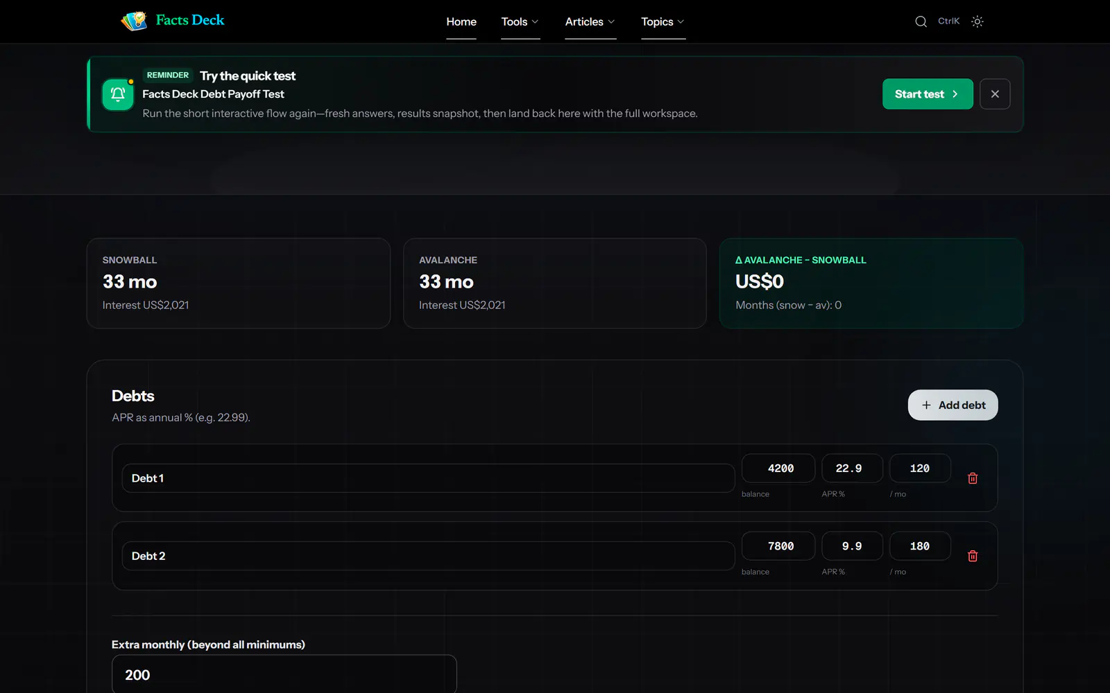 Debt Payoff Planner workspace in dark mode